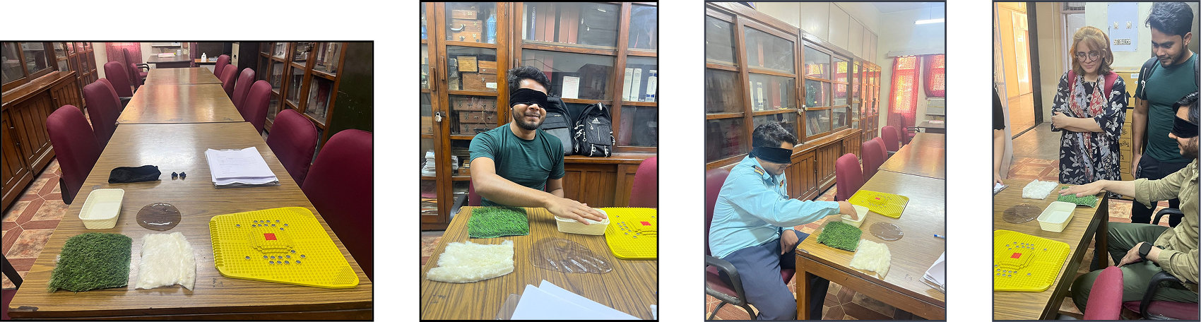 Participants touching textures while blindfolded and wearing noise-cancelling headphones