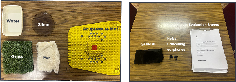 Experiment materials: five textures plus eye mask and noise-cancelling headphones