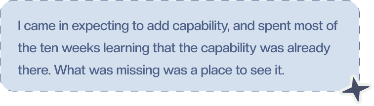 I came in expecting to add capability, and spent most of the ten weeks learning that the capability was already there. What was missing was a place to see it.