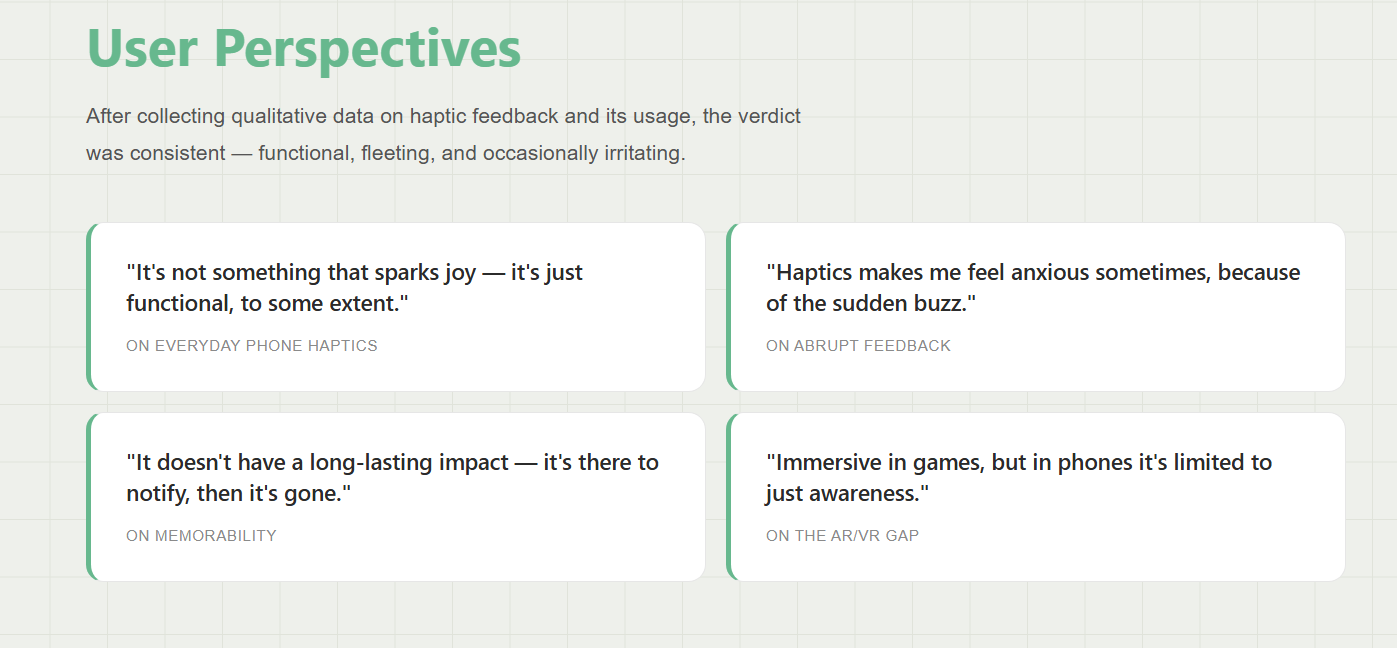 User perspectives on everyday phone haptics — quotes about feedback feeling functional, anxious, fleeting, and limited